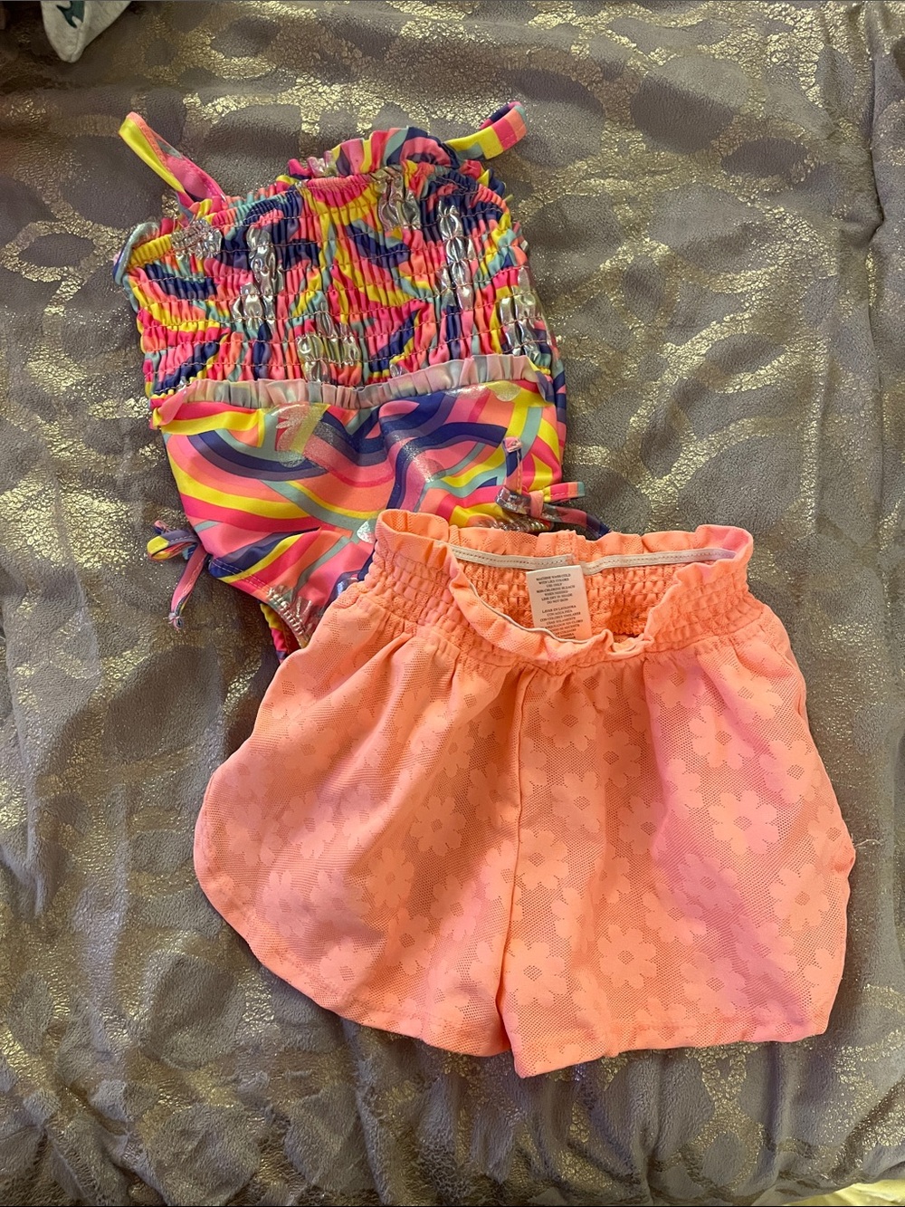 Penelope Mack Girls Neon Rainbow One-Piece Swimsuit with Coral Pink Cover Shorts
